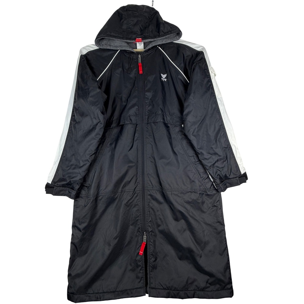TYR Swim Parka Men Large (L) Black White Fleece Lined Hooded Warm Up Jacket